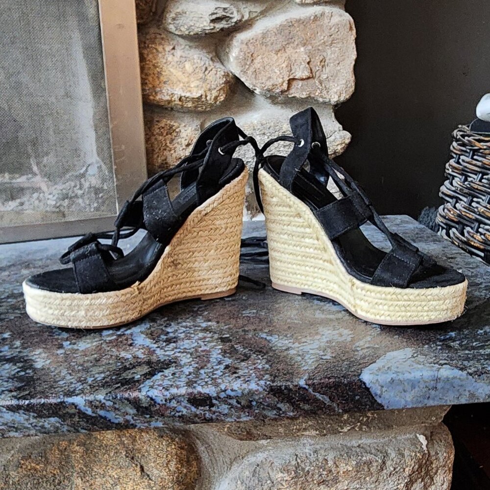 Forever 21 Black Faux Suede Wedge Espadrille Sandals Size 7 - Picture 10 of 16
